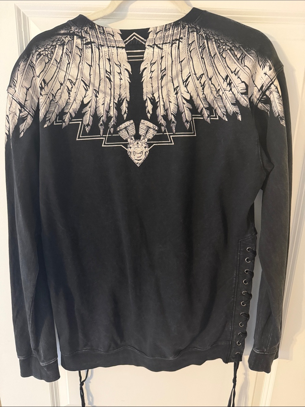 Affliction Black Lace-Up Sweatshirt with White Feathered Skull Graphic - Picture 3 of 4